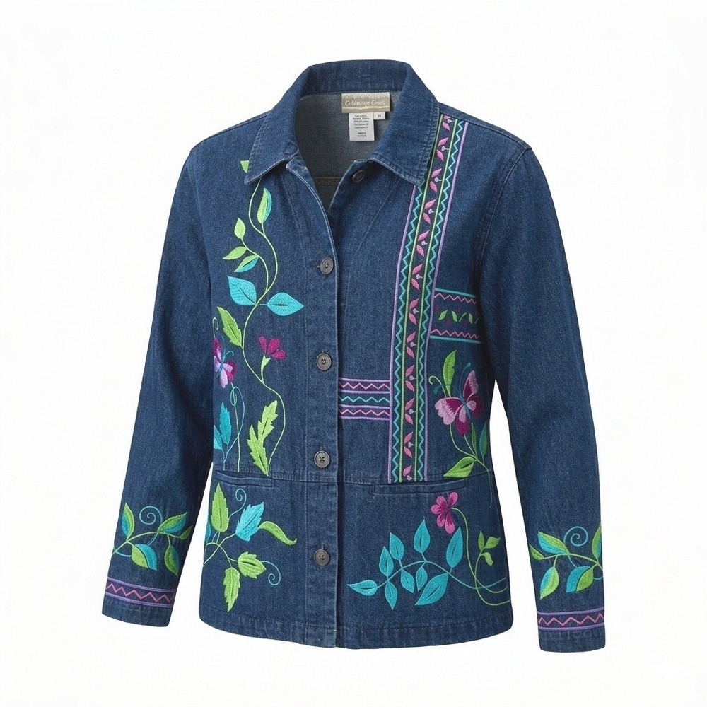 Coldwater Creek Y2K Embroidered Denim Jacket Chore Coat Floral Butterfly M Folk